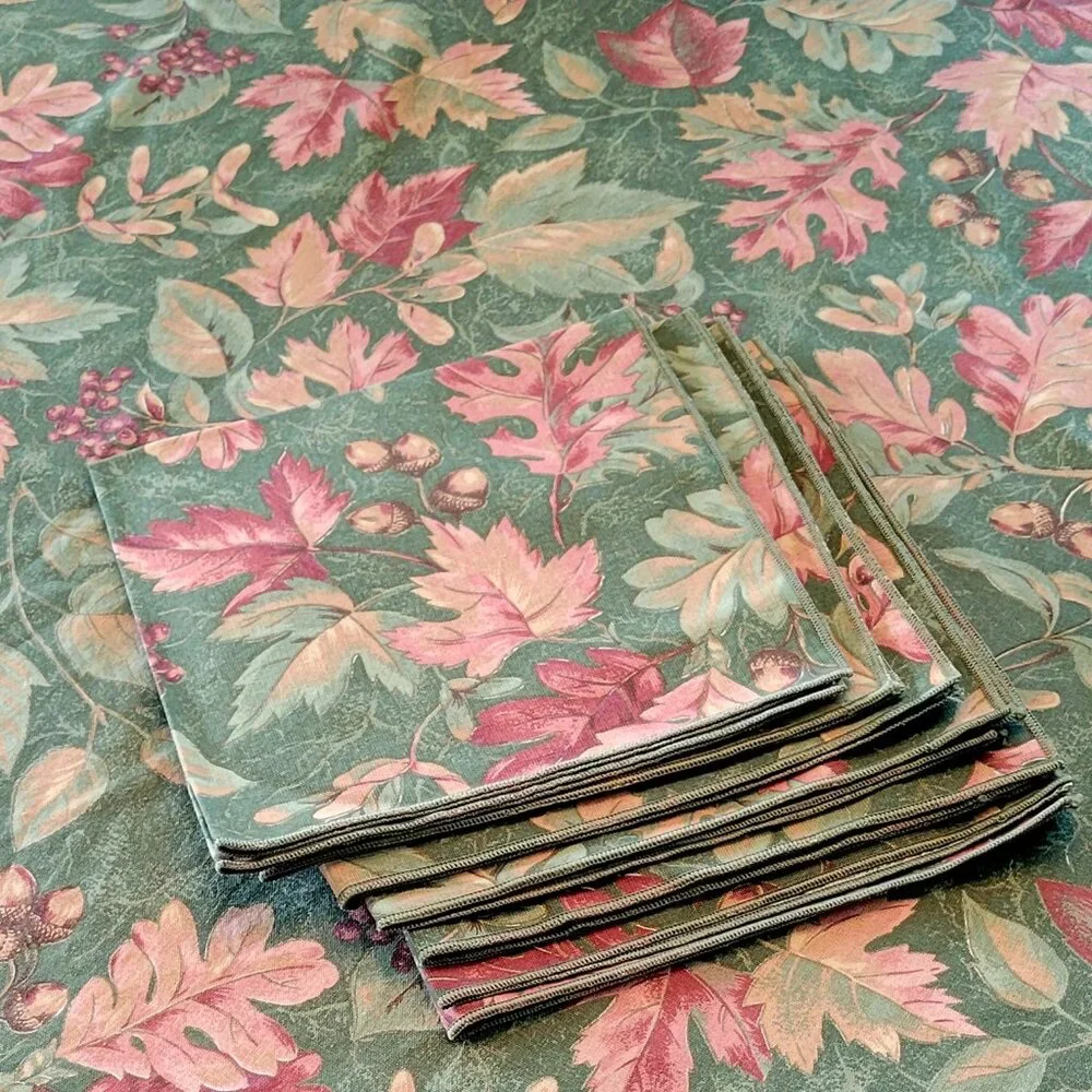 VTG Handmade Autumnal Leaf Print Artisan Oblong Tablecloth and 6 Napkins NEW
